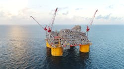 Shell-operated Appomattox platform, 80 miles offshore Louisiana at 7,400 ft water depth.