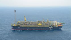 Anchored 200 km offshore Rio de Janeiro in water depth of 1,980 m, the P-77 floating production, storage, and offloading vessel (FPSO) processes up to 150,000 b/d of oil and 6 million cu m/day of gas from Búzios field in Brazil’s deepwater Santos basin presalt area.