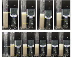 Guar suspension tests show poor foam quality and little particle settling difference between an attempted foamed system (top) and a non-foamed gel (bottom) (Fig. 5).