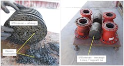 SPD internals show deposits plugging the original design (left). New internal arrangements were installed to solve the problem (right) (Fig. 3).