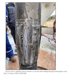 A lower-sleeve stabilizer shows extensive wear after drilling through metamorphic rocks (Fig. 3)