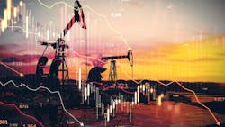 Oil pumpjacks at sunset with financial charts overlay depicting market trends. Concept of oil economy, stock market, and trade fluctuations
